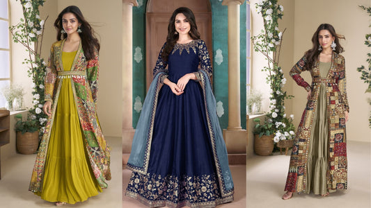 Three stylish ethnic women’s outfits featuring a mustard yellow maxi dress with printed jacket, a navy blue embroidered Anarkali gown with dupatta, and an olive green maxi dress with multicolor printed jacket new festive and wedding collection.