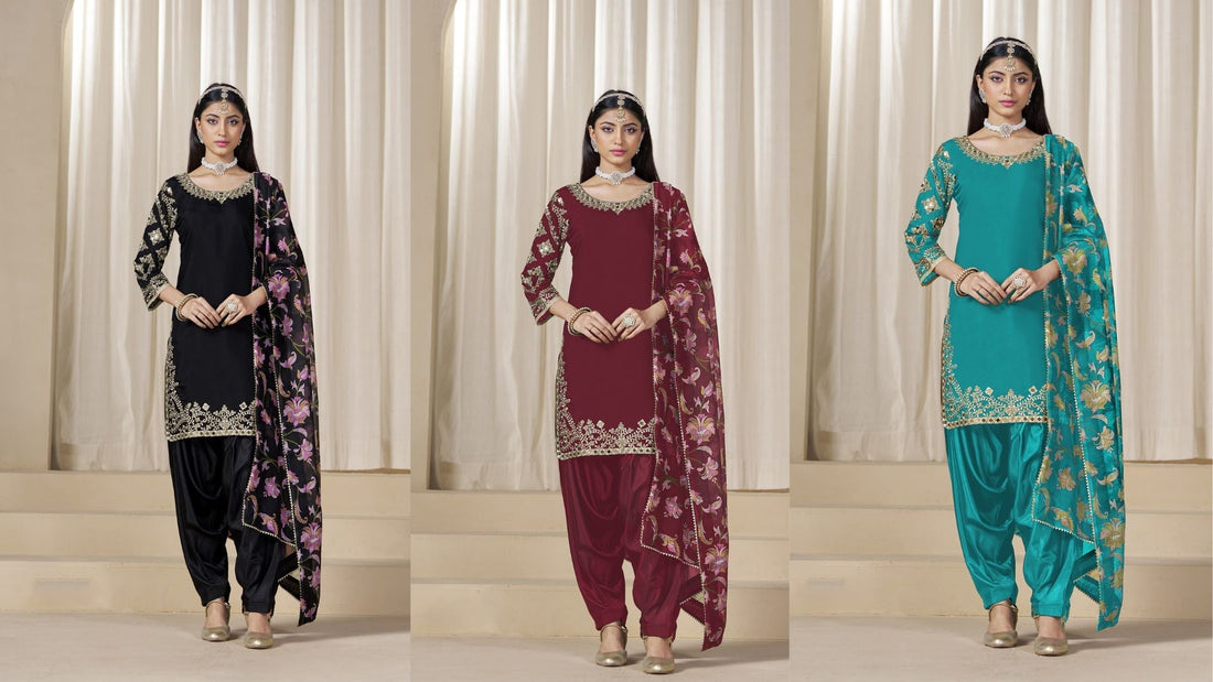 Three Punjabi suits in black, maroon, and teal with embroidered dupattas. SEYURI ethnic wear collection