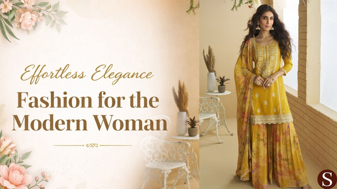 Woman in a yellow traditional outfit with floral decorations and text 'Effortless Elegance Fashion for the Modern Woman'.