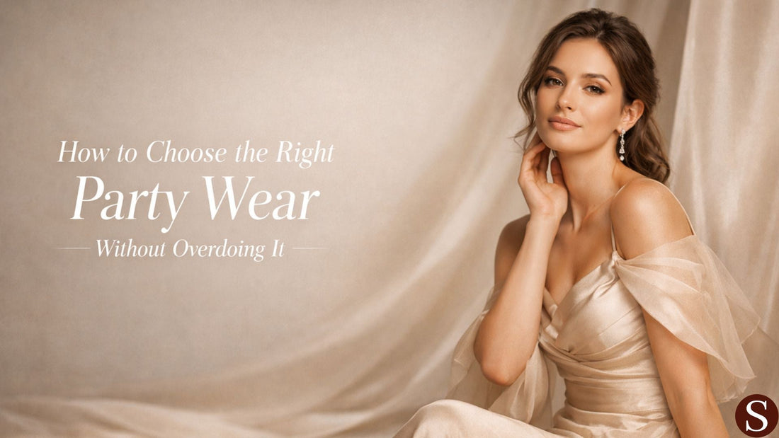 Woman in a beige dress with text overlay on a neutral background