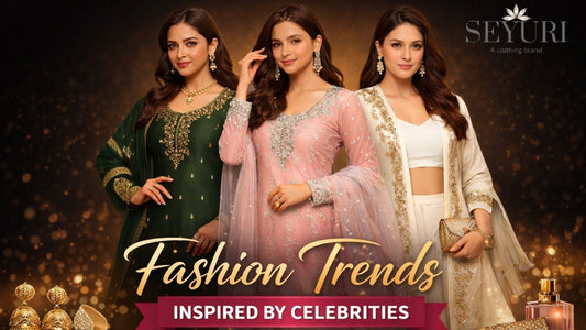 Three women in traditional outfits with 'Seyuri' branding and 'Fashion Trends Inspired by Celebrities' text.