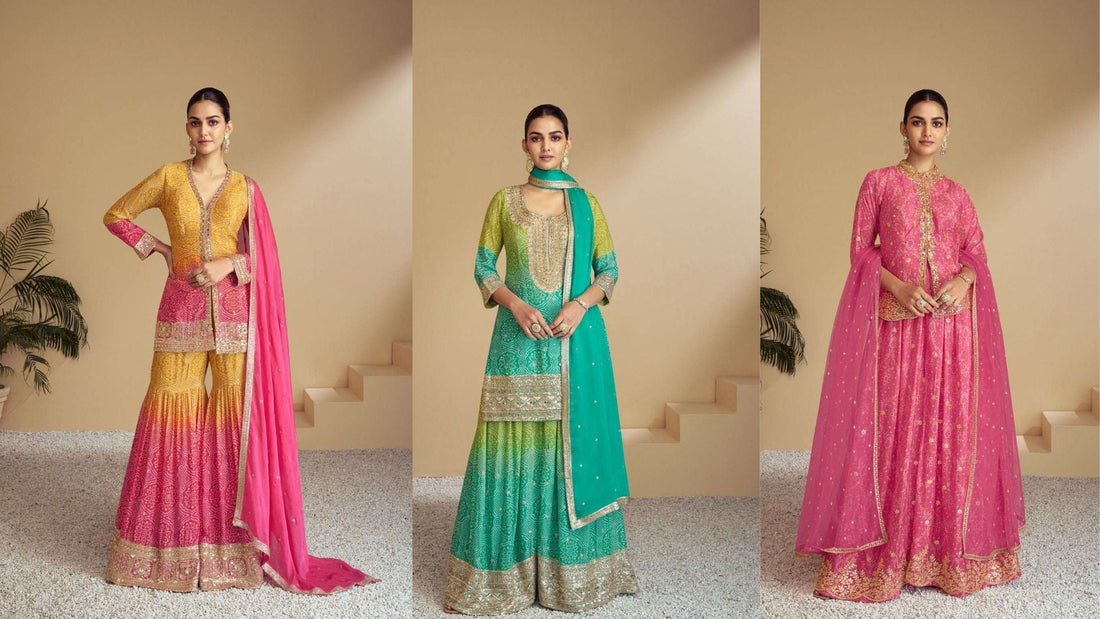 Three stylish women wearing embellished traditional sharara and lehenga-style suits in yellow-pink, green-gold, and pink-gold colors, perfect for weddings and festive events.
