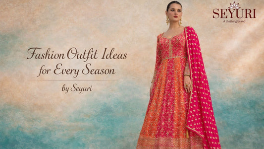 Elegant woman wearing a pink and orange embroidered Anarkali gown with a dupatta, styled for a fashion blog cover against a soft beige and aqua blended wall.