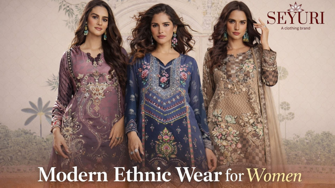 Designer printed sharara salwar suits showcasing modern ethnic wear for women by Seyuri.