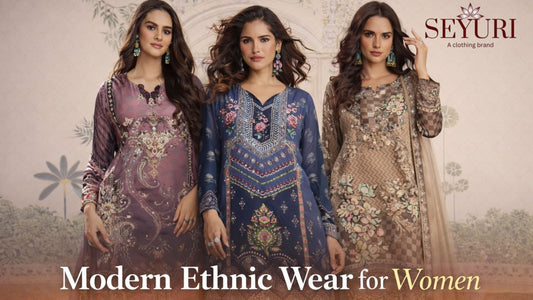 Designer printed sharara salwar suits showcasing modern ethnic wear for women by Seyuri.