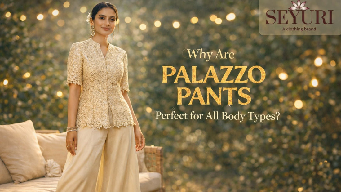  Elegant South Asian Woman Wearing Cream Palazzo Pants With Embroidered Top In A Luxury Editorial Fashion Blog Cover Featuring Soft Fabric Aura And Aesthetic Background
