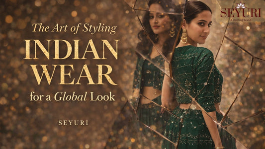 Luxury editorial image of Indian ethnic wear styled globally, highlighting contemporary Indian fashion and modern styling aesthetics.