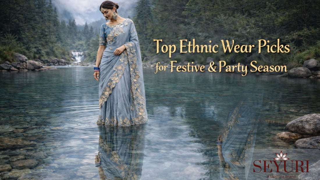 Woman in ethnic wear standing in a clear river with her reflection visible.