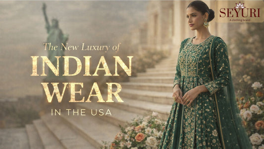 Modern Indian luxury fashion in the USA showcased through an elegant green Anarkali outfit with fine embroidery