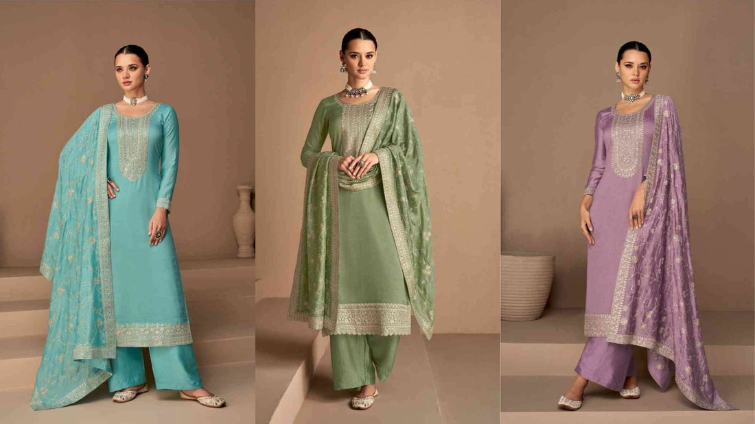 Affordable plus size embroidered salwar kameez sets in teal, green, and lavender with matching dupattas available up to 10XL at Seyuri