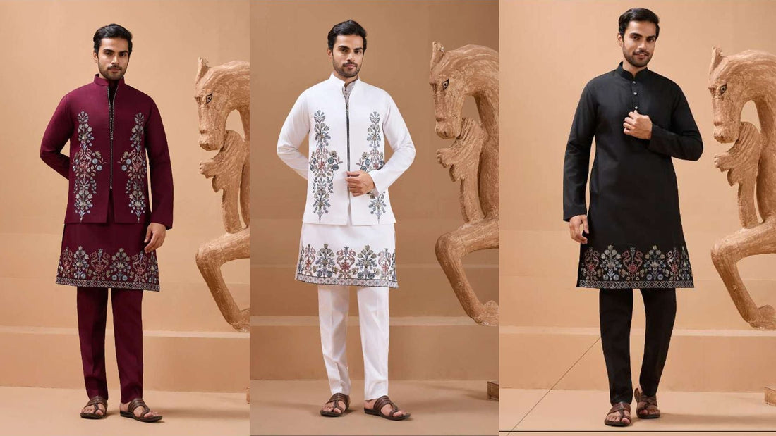 Men’s embroidered kurta set collection in wine, white, and black colors  stylish ethnic wear for weddings and celebrations.