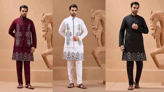Men’s embroidered kurta set collection in wine, white, and black colors  stylish ethnic wear for weddings and celebrations.