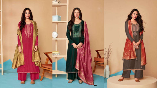 Simple embroidered women’s suit sets in maroon, dark green, and charcoal grey with matching dupattas – elegant daily and festive wear outfits