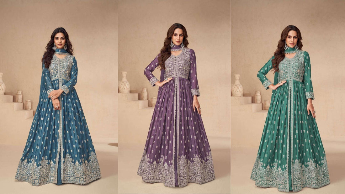 “Three women wearing blue, purple, and green embroidered Anarkali suits showcasing latest designer Anarkali styles for weddings and festive events.”
