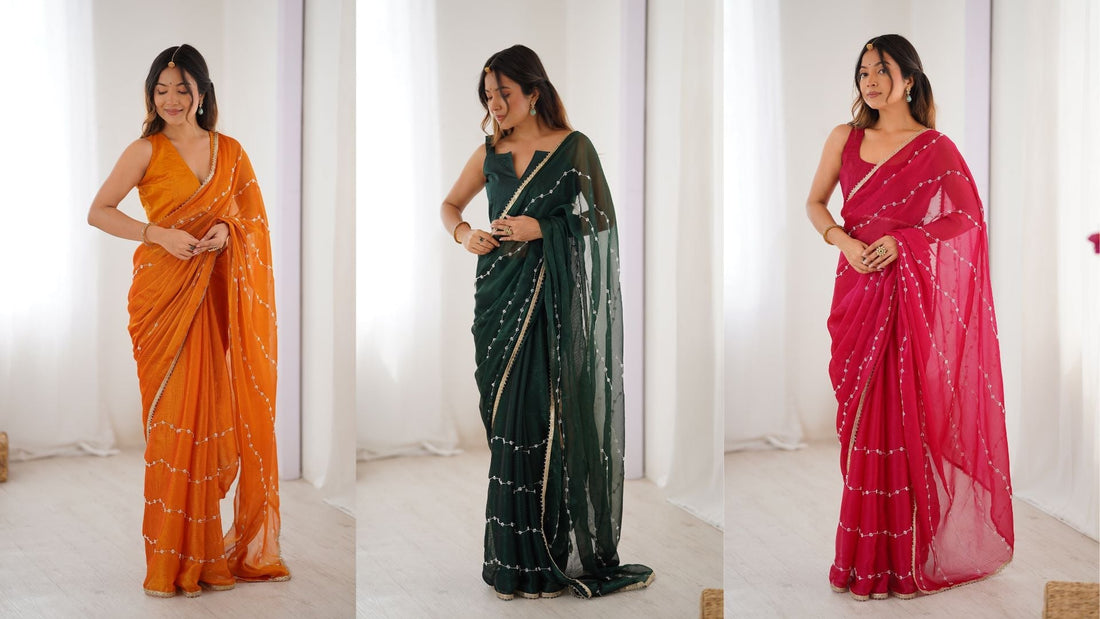 A woman models three elegant lightweight sarees orange, deep green, and pink each featuring delicate sequined lines and minimal gold borders, styled in a bright, soft lit indoor setting.