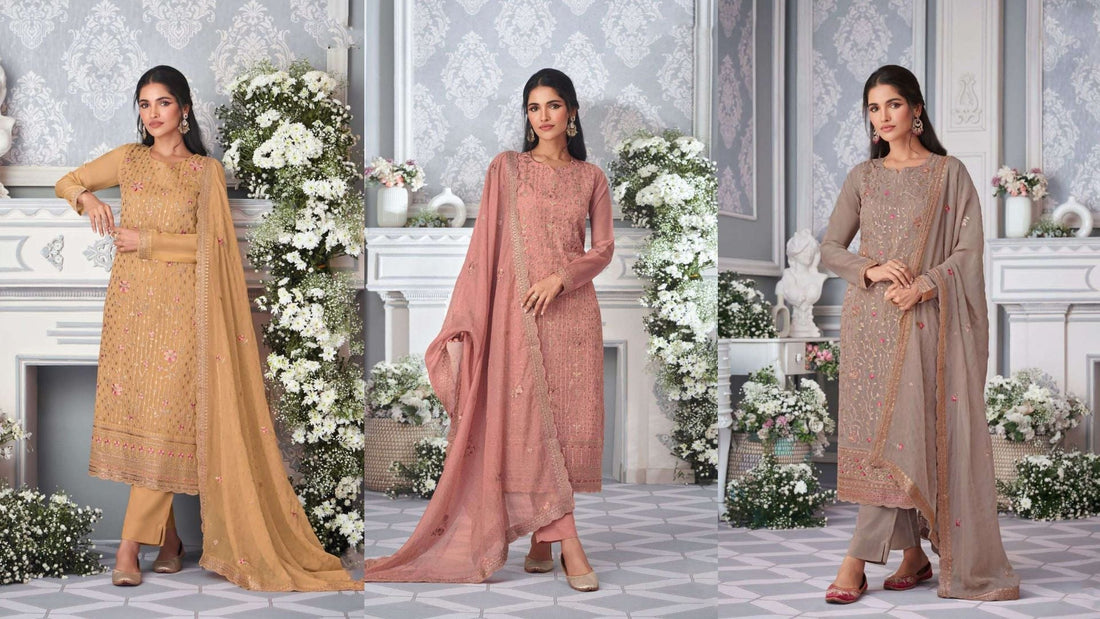 Golden embroidered office-wear suit, peach pink elegant embroidered suit, grey minimal professional suit for women.