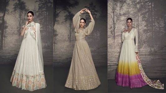 A trio of elegant designer gowns for women, featuring floral pastel embroidery, a shimmering gold embellished gown, and a vibrant ombré yellow-to-pink gown with a printed drape, all styled in a sophisticated studio setting