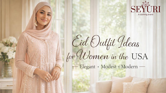 Eid outfit ideas for women in the USA featuring a modest pastel Eid dress with soft embroidery in a natural indoor setting