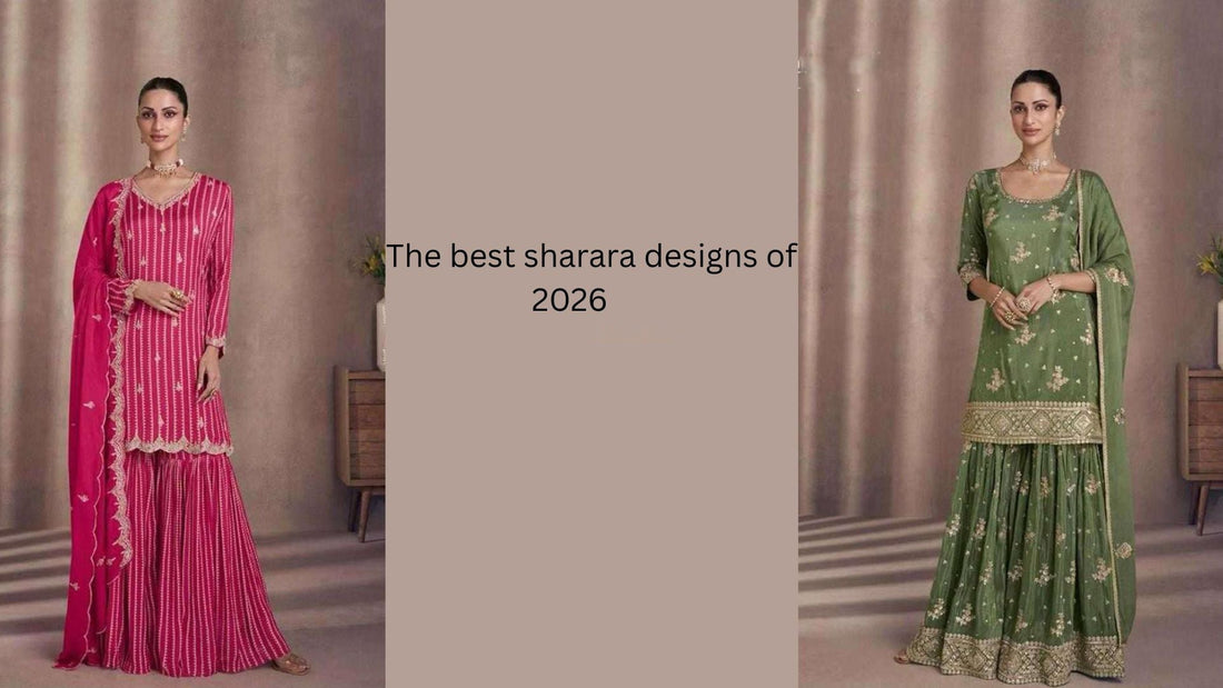 Side-by-side pink and green embroidered sharara suit designs with a centered title “The best sharara designs of 2026,” showcasing trendy festive and wedding wear for women.