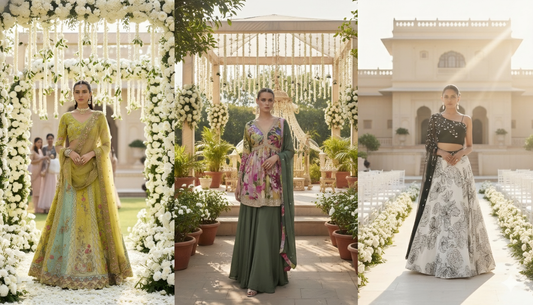 Seyuri.com features women in green lehenga, floral sharara, and black and white lehenga skirt perfect for daylight Indian wedding attire.