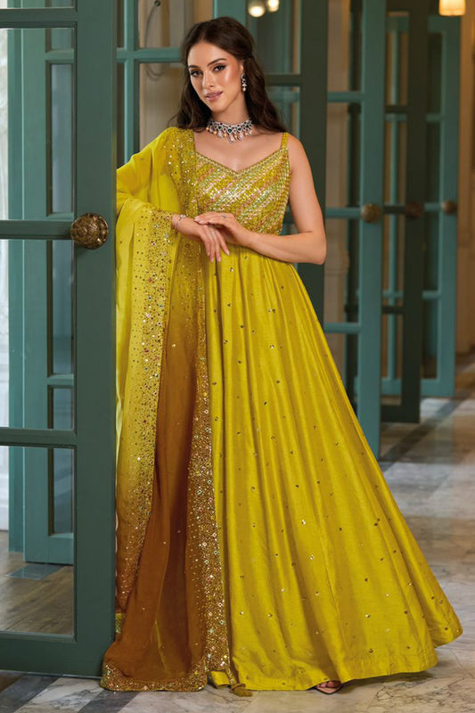 Newest Style Yellow Color Reay To Wear Long Anarkali Gown With Dupatta
