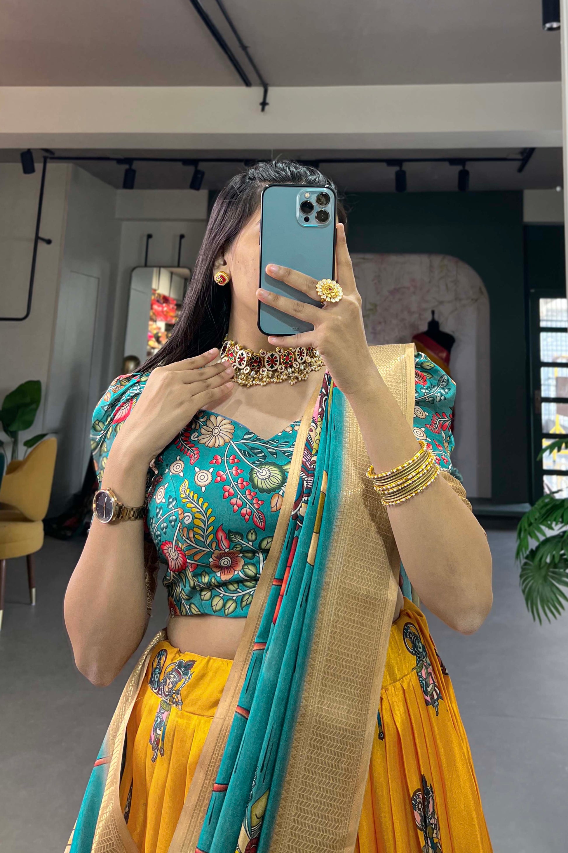 yellow Lehenga reflects charm and contemporary grace – made for cheerful gatherings and stylish daytime events.
