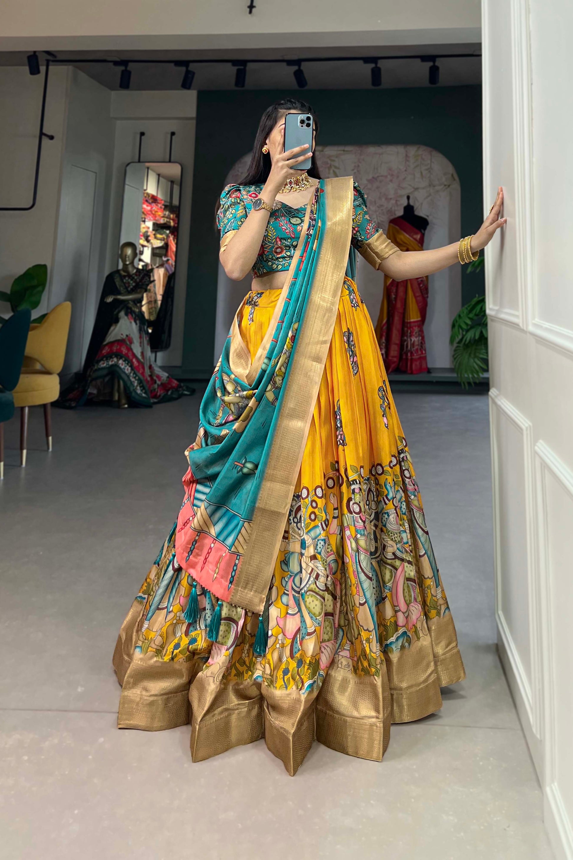 yellow Lehenga reflects charm and contemporary grace – made for cheerful gatherings and stylish daytime events.
