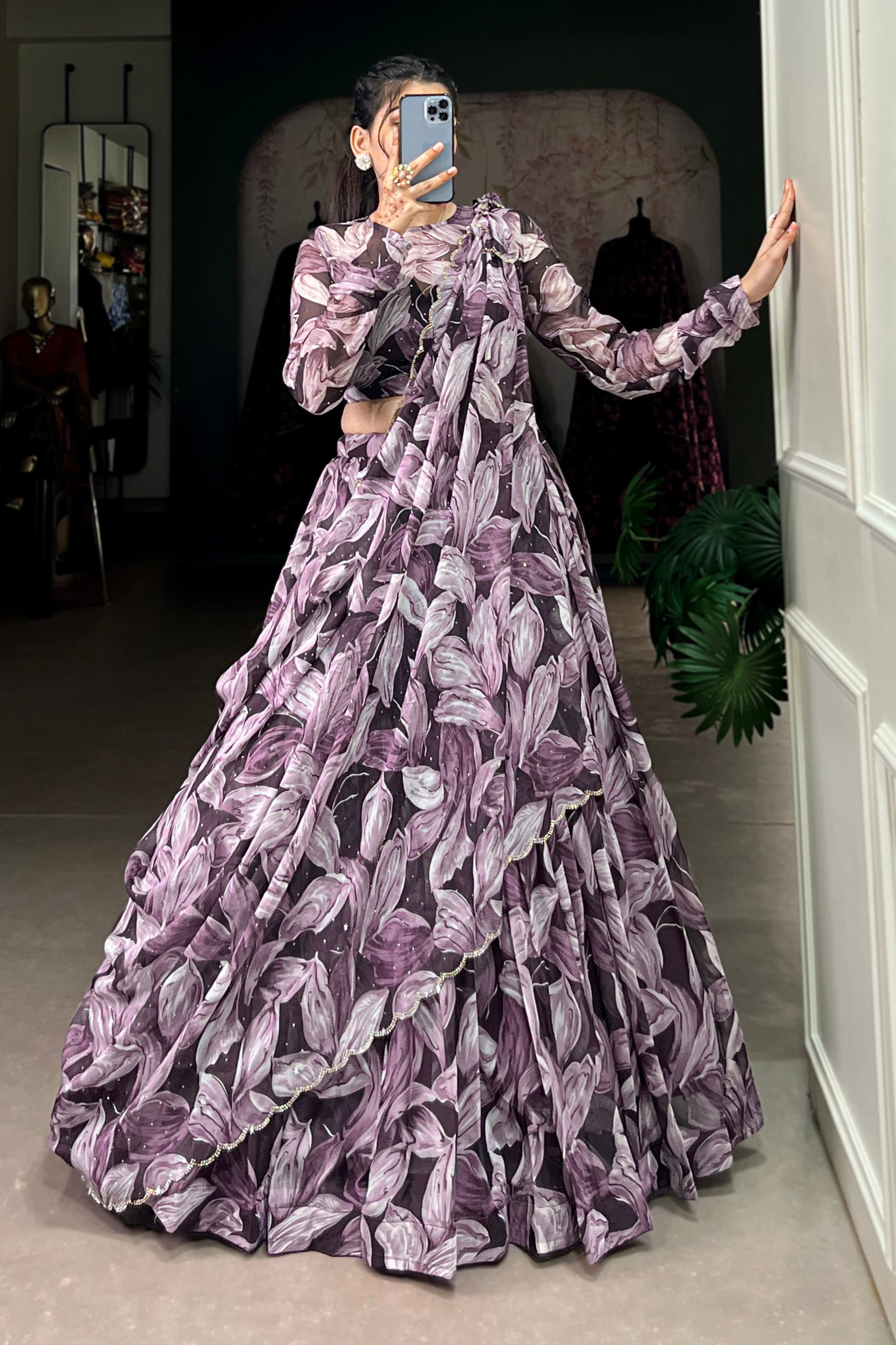 Purple Lehenga channels royalty and richness – perfect for opulent weddings, grand events, and statement looks.
