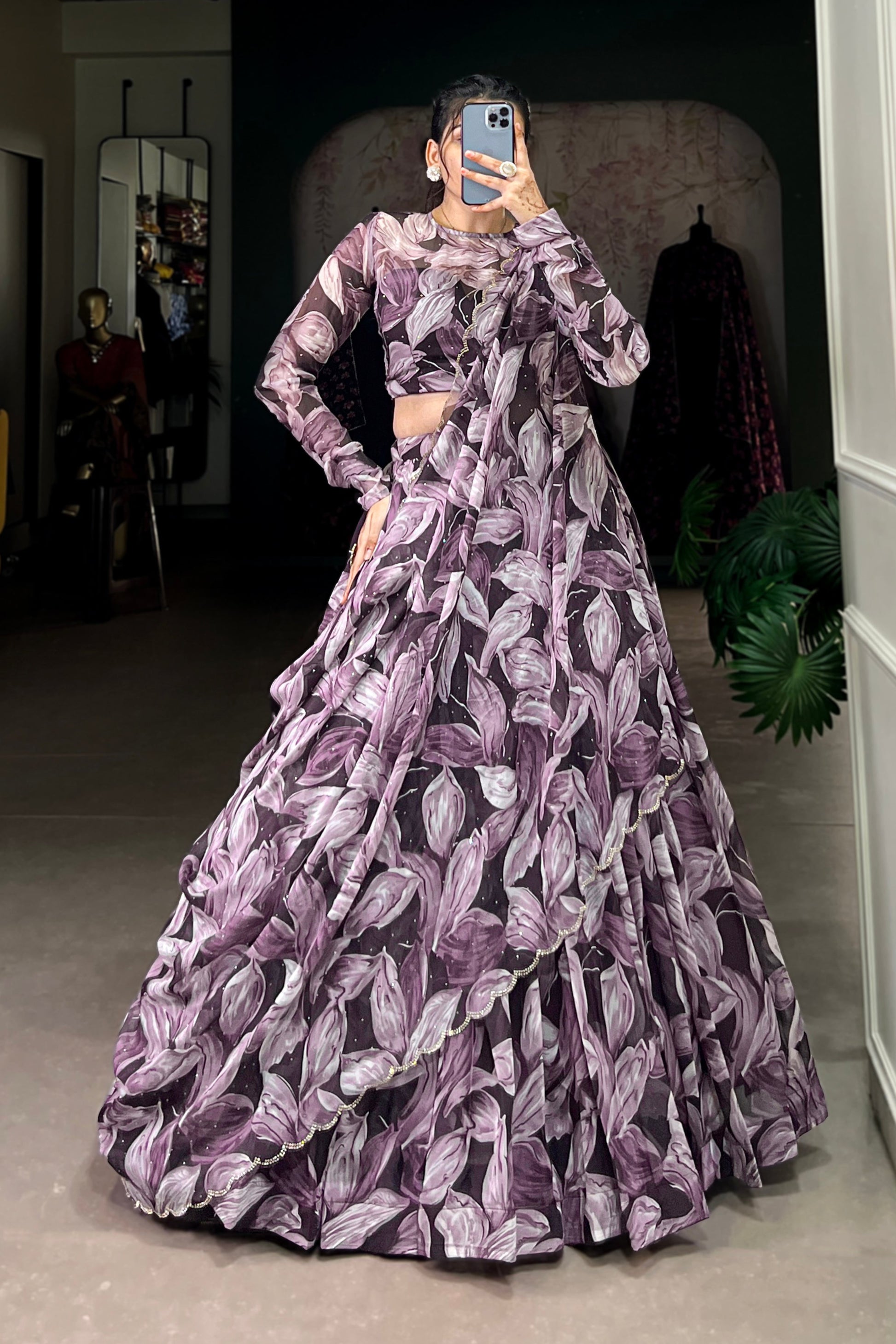 Purple Lehenga channels royalty and richness – perfect for opulent weddings, grand events, and statement looks.
