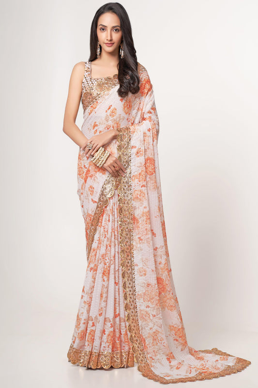 White Color Floral Designer Organza Fabric Sequins Work Saree For Wedding Function Wear