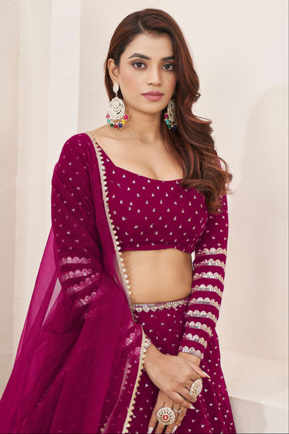 Dark Pink Color Bridal Look Embroidery Sequins work Designer Lehenga With Net Dupatta