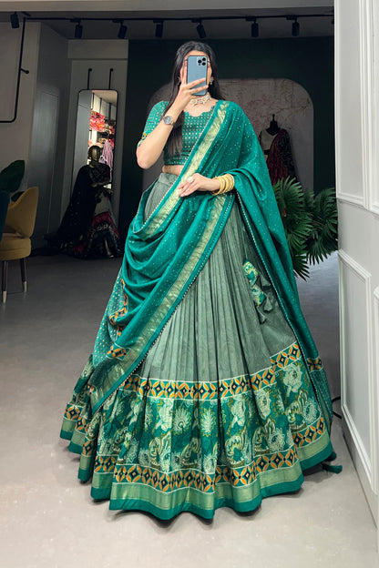 Green Silk Printed Lehenga Choli for Festival