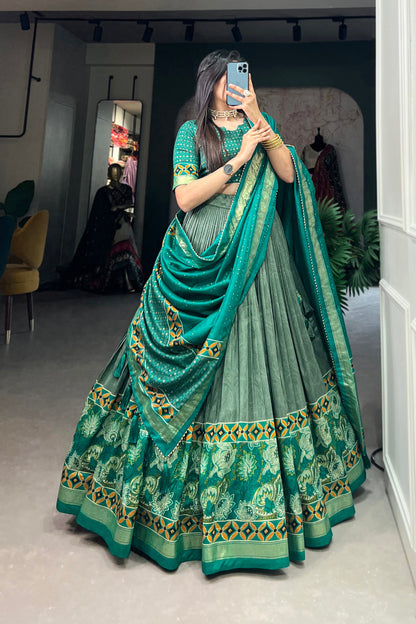 Green Silk Printed Lehenga Choli for Festival