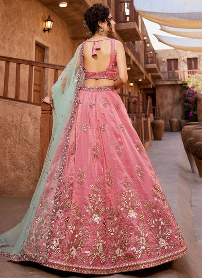 Pakistani Designe Pink Color Coding & Embroidery Work For Nikah Wear Lehenga Choli With Net Fabric Dupatta