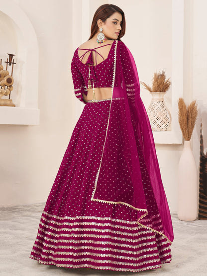 Dark Pink Color Bridal Look Embroidery Sequins work Designer Lehenga With Net Dupatta