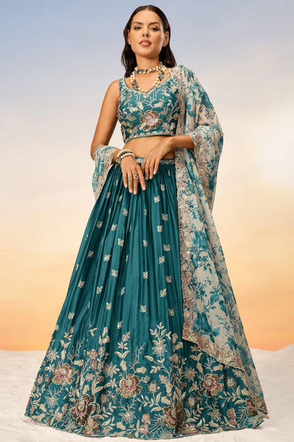 Bollywood Style Teal Color Bridal Look Indian Traditional Lehenga Wear For Wedding-Reception