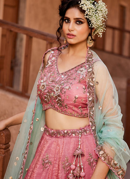 Pakistani Designe Pink Color Coding & Embroidery Work For Nikah Wear Lehenga Choli With Net Fabric Dupatta