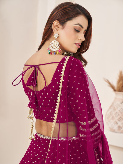 Dark Pink Color Bridal Look Embroidery Sequins work Designer Lehenga With Net Dupatta