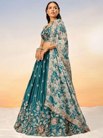 Bollywood Style Teal Color Bridal Look Indian Traditional Lehenga Wear For Wedding-Reception