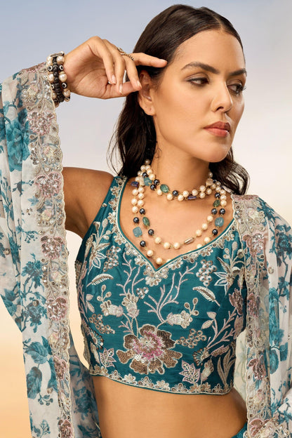 Bollywood Style Teal Color Bridal Look Indian Traditional Lehenga Wear For Wedding-Reception