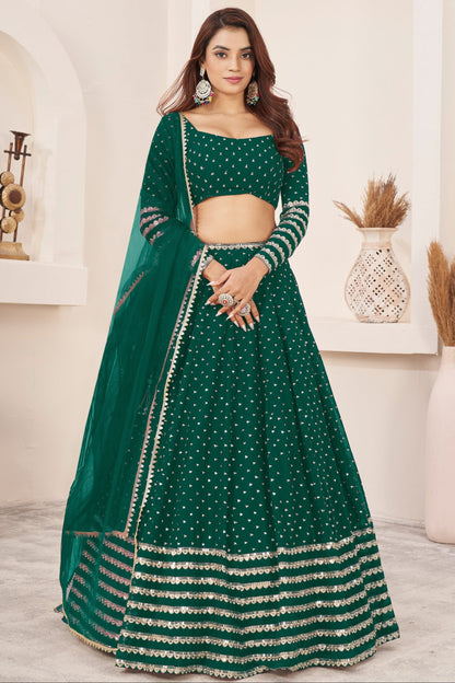 Bollywood Style Dark Green Color Embroidery Work Bridal Look Lehenga For Wedding