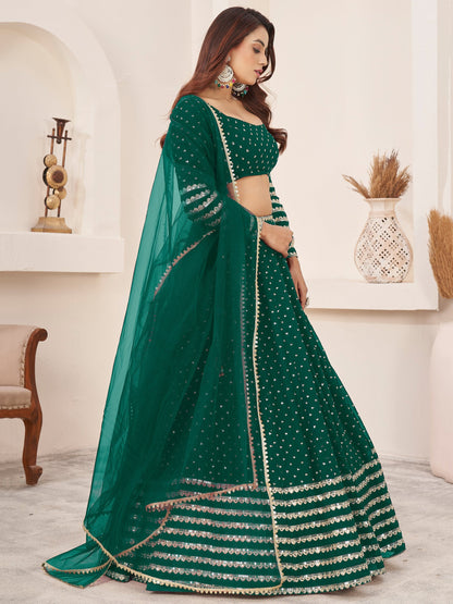 Bollywood Style Dark Green Color Embroidery Work Bridal Look Lehenga For Wedding