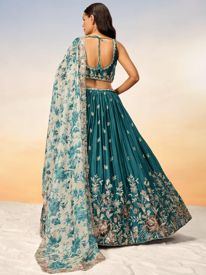 Bollywood Style Teal Color Bridal Look Indian Traditional Lehenga Wear For Wedding-Reception