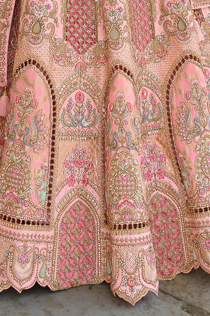 Wedding-Reception Special Pink Color Embroidery Work Silk Lehenga With Reception