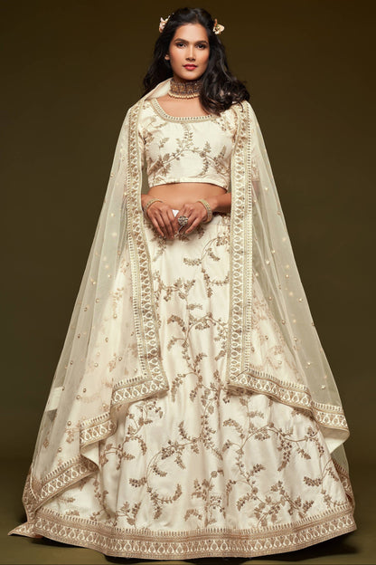 Thread Embroidery Work White Color Ready To Wear Diwali Special Outfit Silk Lehenga