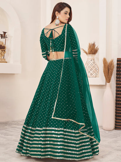 Bollywood Style Dark Green Color Embroidery Work Bridal Look Lehenga For Wedding