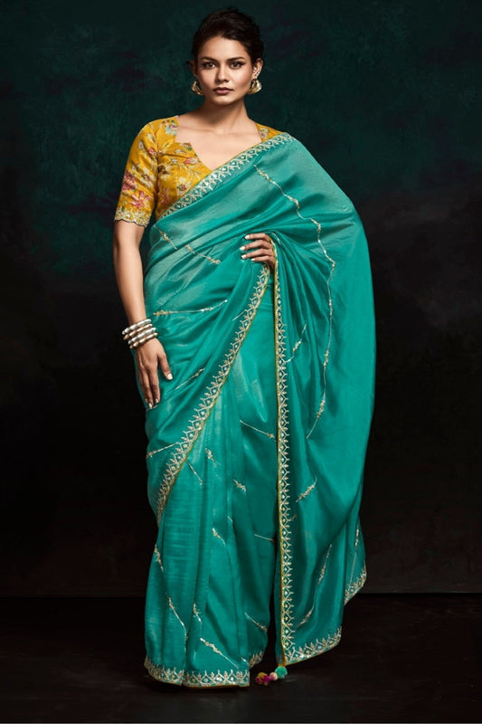 Attractive Teal Green Designer Satin Silk Fabric Wedding Event Wear Embroidered Work Saree