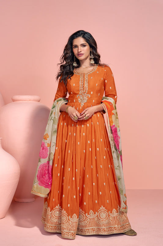 Amazing Orange Chinon Silk Embroidered Gown with Stylish Dupatta