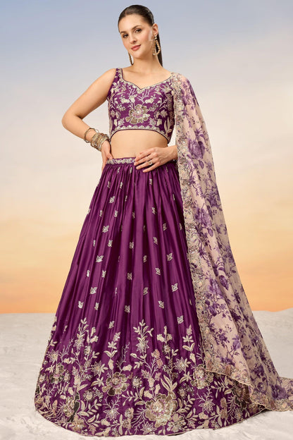Bollywood Style Dark Purple Color Embroidery Work Best Chiffon Fabric Lehenga With Net Dupatta