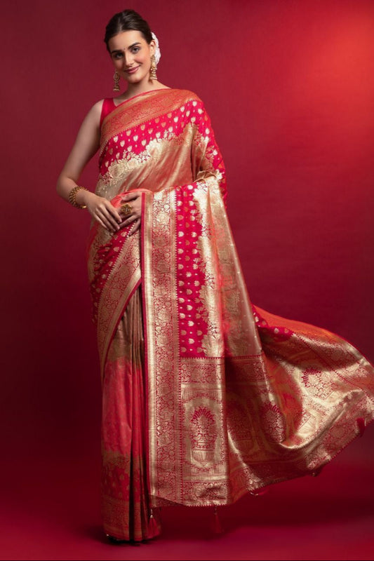 Women's Wear Ready To Wear Red Color Weaving Work Stylish Silk Fabric Saree